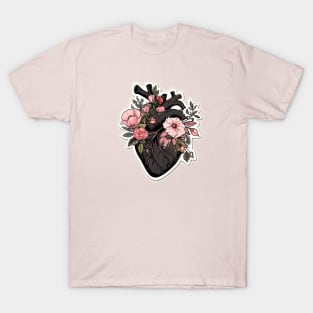 Black Goth Floral Anatomical Heart T-Shirt